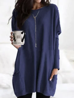 Discount Women's Casual Dress Mini Dress Pocket Casual Crew Neck Long Sleeve Red Navy Blue Gray Color Women T Shirt Dresses