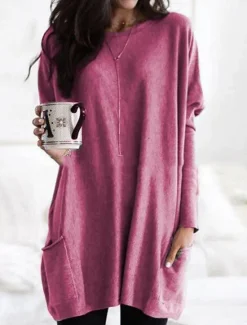 Discount Women's Casual Dress Mini Dress Pocket Casual Crew Neck Long Sleeve Red Navy Blue Gray Color Women T Shirt Dresses