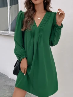 Hot Women's Casual Dress Mini Dress Ruched Casual V Neck Long Sleeve Color Women Work Dresses