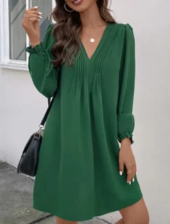Hot Women's Casual Dress Mini Dress Ruched Casual V Neck Long Sleeve Color Women Work Dresses
