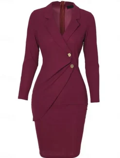 Clearance Women's Casual Dress Mini Dress Patchwork Buttons Casual Formal V Neck Long Sleeve Black Wine Gray Color Women Work Dresses
