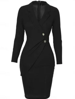 Clearance Women's Casual Dress Mini Dress Patchwork Buttons Casual Formal V Neck Long Sleeve Black Wine Gray Color Women Work Dresses