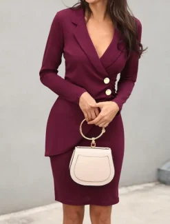 Clearance Women's Casual Dress Mini Dress Patchwork Buttons Casual Formal V Neck Long Sleeve Black Wine Gray Color Women Work Dresses
