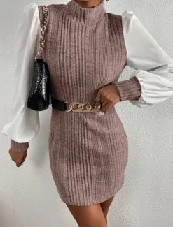 Online Women's Casual Dress Mini Dress Patchwork Casual Stand Collar Long Sleeve Brown Beige Color Women Work Dresses