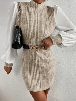 Online Women's Casual Dress Mini Dress Patchwork Casual Stand Collar Long Sleeve Brown Beige Color Women Work Dresses