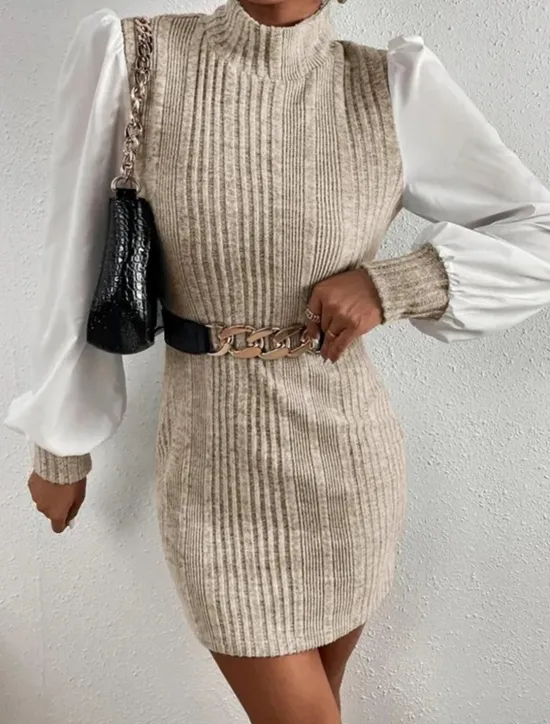 Online Women's Casual Dress Mini Dress Patchwork Casual Stand Collar Long Sleeve Brown Beige Color Women Work Dresses