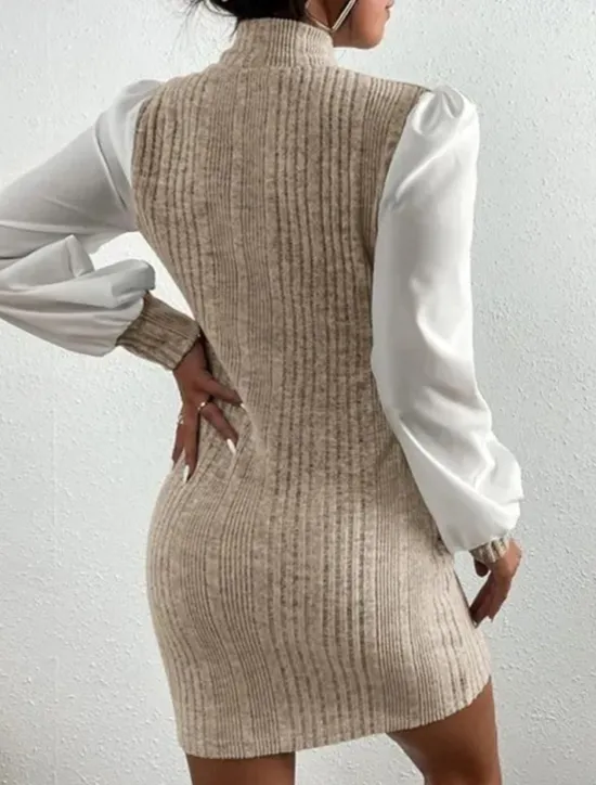 Online Women's Casual Dress Mini Dress Patchwork Casual Stand Collar Long Sleeve Brown Beige Color Women Work Dresses