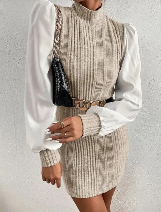 Online Women's Casual Dress Mini Dress Patchwork Casual Stand Collar Long Sleeve Brown Beige Color Women Work Dresses