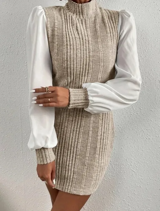 Online Women's Casual Dress Mini Dress Patchwork Casual Stand Collar Long Sleeve Brown Beige Color Women Work Dresses