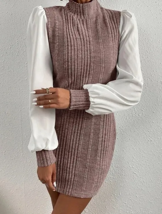Online Women's Casual Dress Mini Dress Patchwork Casual Stand Collar Long Sleeve Brown Beige Color Women Work Dresses