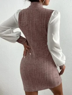 Online Women's Casual Dress Mini Dress Patchwork Casual Stand Collar Long Sleeve Brown Beige Color Women Work Dresses