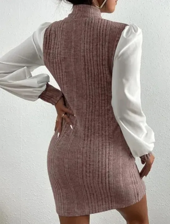 Online Women's Casual Dress Mini Dress Patchwork Casual Stand Collar Long Sleeve Brown Beige Color Women Work Dresses