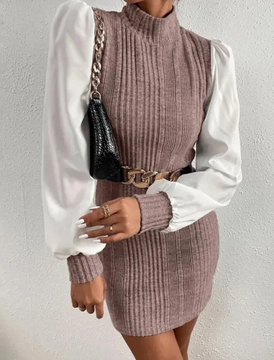 Online Women's Casual Dress Mini Dress Patchwork Casual Stand Collar Long Sleeve Brown Beige Color Women Work Dresses