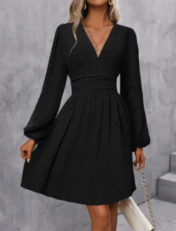 Women's Casual Dress Mini Dress Ruched Casual V Neck Long Sleeve Black Wine Army Green Color Women Cocktail Dress