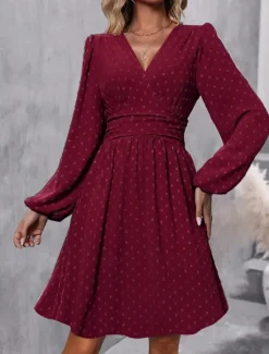 Women's Casual Dress Mini Dress Ruched Casual V Neck Long Sleeve Black Wine Army Green Color Women Cocktail Dress