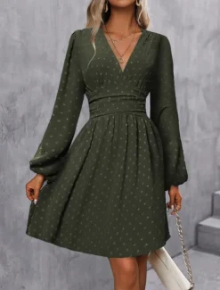 Women's Casual Dress Mini Dress Ruched Casual V Neck Long Sleeve Black Wine Army Green Color Women Cocktail Dress