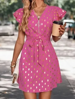 New Women's Casual Dress Polka Dot Zipper Print V Neck Mini Dress Stylish Casual Daily Date Short Sleeve Summer Women Work Dresses