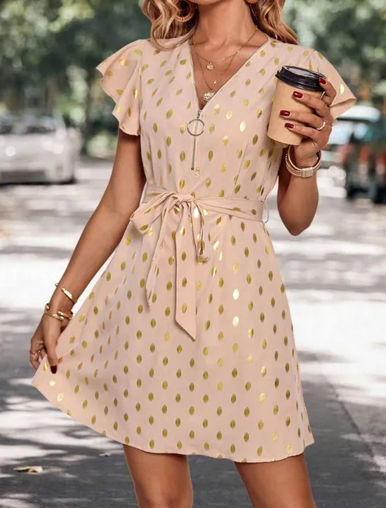 New Women's Casual Dress Polka Dot Zipper Print V Neck Mini Dress Stylish Casual Daily Date Short Sleeve Summer Women Work Dresses