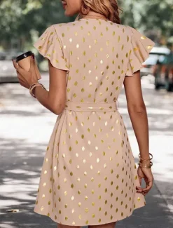 New Women's Casual Dress Polka Dot Zipper Print V Neck Mini Dress Stylish Casual Daily Date Short Sleeve Summer Women Work Dresses