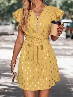 New Women's Casual Dress Polka Dot Zipper Print V Neck Mini Dress Stylish Casual Daily Date Short Sleeve Summer Women Work Dresses