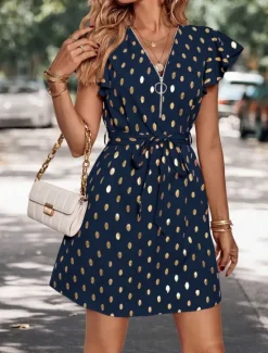 New Women's Casual Dress Polka Dot Zipper Print V Neck Mini Dress Stylish Casual Daily Date Short Sleeve Summer Women Work Dresses