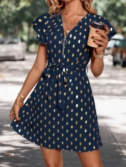 New Women's Casual Dress Polka Dot Zipper Print V Neck Mini Dress Stylish Casual Daily Date Short Sleeve Summer Women Work Dresses