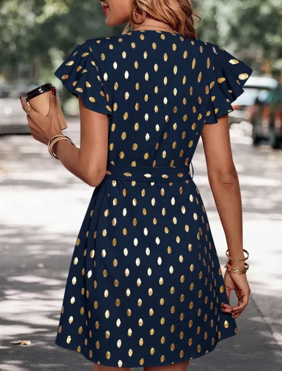 New Women's Casual Dress Polka Dot Zipper Print V Neck Mini Dress Stylish Casual Daily Date Short Sleeve Summer Women Work Dresses