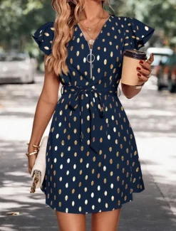 New Women's Casual Dress Polka Dot Zipper Print V Neck Mini Dress Stylish Casual Daily Date Short Sleeve Summer Women Work Dresses