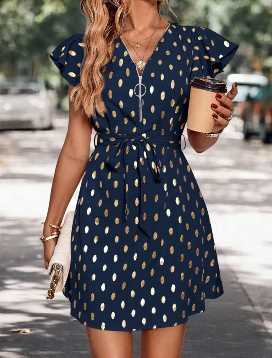 New Women's Casual Dress Polka Dot Zipper Print V Neck Mini Dress Stylish Casual Daily Date Short Sleeve Summer Women Work Dresses