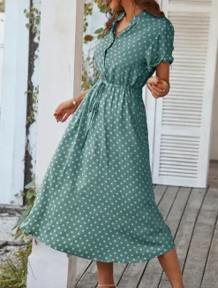 Online Women's Casual Dress Polka Dot Button Drawstring Shirt Collar Midi Dress Stylish Casual Daily Date Short Sleeve Summer Women Casual Dress