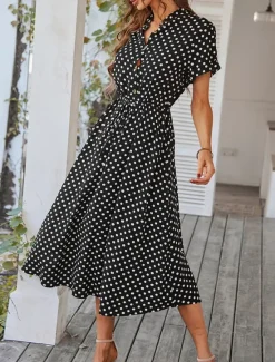 Online Women's Casual Dress Polka Dot Button Drawstring Shirt Collar Midi Dress Stylish Casual Daily Date Short Sleeve Summer Women Casual Dress