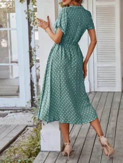 Online Women's Casual Dress Polka Dot Button Drawstring Shirt Collar Midi Dress Stylish Casual Daily Date Short Sleeve Summer Women Casual Dress