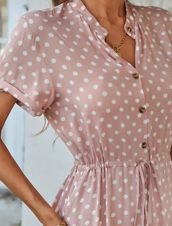 Online Women's Casual Dress Polka Dot Button Drawstring Shirt Collar Midi Dress Stylish Casual Daily Date Short Sleeve Summer Women Casual Dress