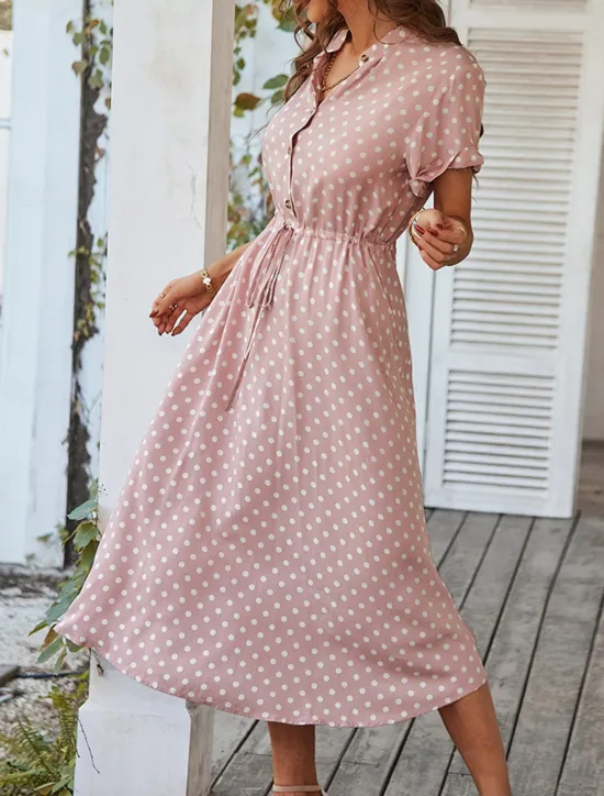 Online Women's Casual Dress Polka Dot Button Drawstring Shirt Collar Midi Dress Stylish Casual Daily Date Short Sleeve Summer Women Casual Dress