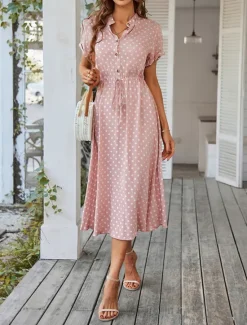 Online Women's Casual Dress Polka Dot Button Drawstring Shirt Collar Midi Dress Stylish Casual Daily Date Short Sleeve Summer Women Casual Dress