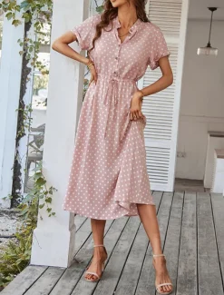 Online Women's Casual Dress Polka Dot Button Drawstring Shirt Collar Midi Dress Stylish Casual Daily Date Short Sleeve Summer Women Casual Dress