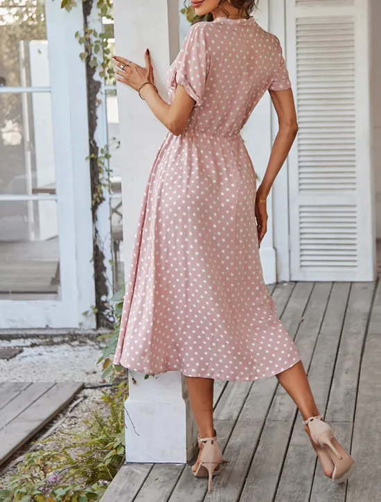 Online Women's Casual Dress Polka Dot Button Drawstring Shirt Collar Midi Dress Stylish Casual Daily Date Short Sleeve Summer Women Casual Dress