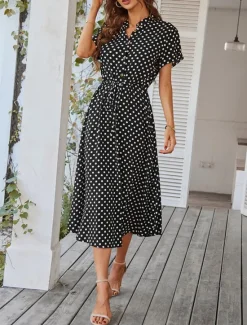 Online Women's Casual Dress Polka Dot Button Drawstring Shirt Collar Midi Dress Stylish Casual Daily Date Short Sleeve Summer Women Casual Dress