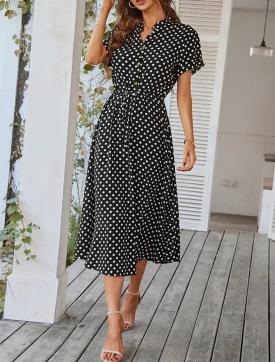 Online Women's Casual Dress Polka Dot Button Drawstring Shirt Collar Midi Dress Stylish Casual Daily Date Short Sleeve Summer Women Casual Dress
