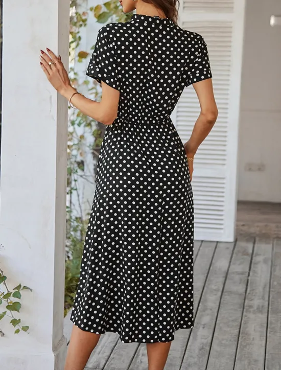Online Women's Casual Dress Polka Dot Button Drawstring Shirt Collar Midi Dress Stylish Casual Daily Date Short Sleeve Summer Women Casual Dress
