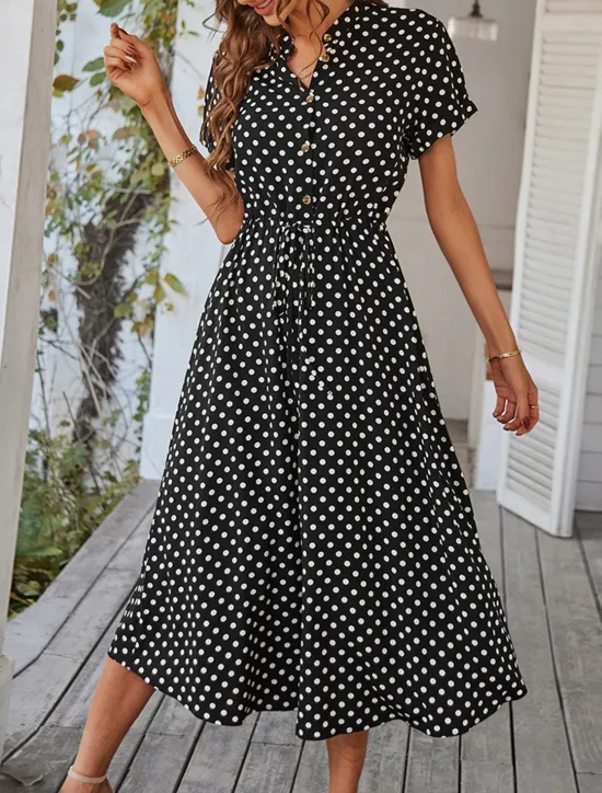 Online Women's Casual Dress Polka Dot Button Drawstring Shirt Collar Midi Dress Stylish Casual Daily Date Short Sleeve Summer Women Casual Dress