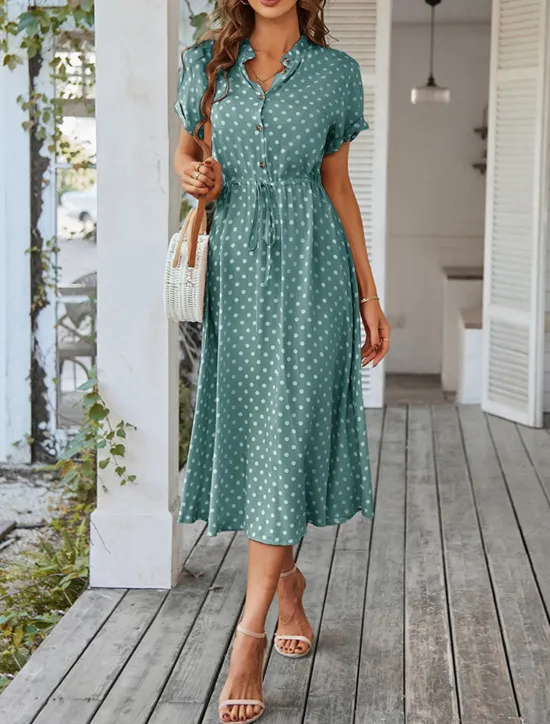 Online Women's Casual Dress Polka Dot Button Drawstring Shirt Collar Midi Dress Stylish Casual Daily Date Short Sleeve Summer Women Casual Dress