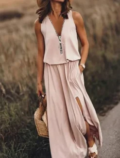 New Women's Casual Dress Pure Color Zipper Pocket V Neck Maxi long Dress Basic Casual Daily Sleeveless Summer Spring Women Spring Dresses|Casual Dress