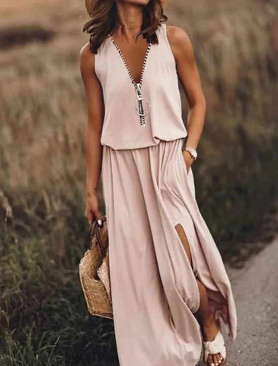 New Women's Casual Dress Pure Color Zipper Pocket V Neck Maxi long Dress Basic Casual Daily Sleeveless Summer Spring Women Spring Dresses|Casual Dress