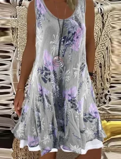 Hot Women's Casual Dress Shift Dress Mini Dress Gray Sleeveless Floral Fake two piece Summer Spring Crew Neck Elegant 2023 5XL Women Floral Dresses|Spring Dresses