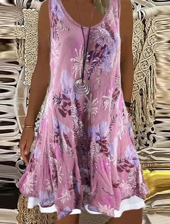Hot Women's Casual Dress Shift Dress Mini Dress Gray Sleeveless Floral Fake two piece Summer Spring Crew Neck Elegant 2023 5XL Women Floral Dresses|Spring Dresses
