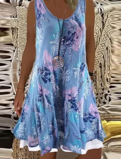Hot Women's Casual Dress Shift Dress Mini Dress Gray Sleeveless Floral Fake two piece Summer Spring Crew Neck Elegant 2023 5XL Women Floral Dresses|Spring Dresses