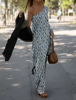 Hot Women's Casual Dress Shift Dress Geometric Print One Shoulder Maxi long Dress Casual Daily Vacation Long Sleeve Summer Spring Women Vacation Dresses