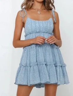Hot Women's Casual Dress Slip Dress Floral Polka Dot Ruffle Backless Strap Mini Dress Stylish Casual Daily Vacation Sleeveless Summer Women Sundresses