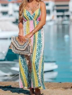 Women's Casual Dress Slip Dress Floral Geometric Backless Print Strap Long Dress Maxi Dress Boho Vacation Sleeveless Summer Women Vacation Dresses